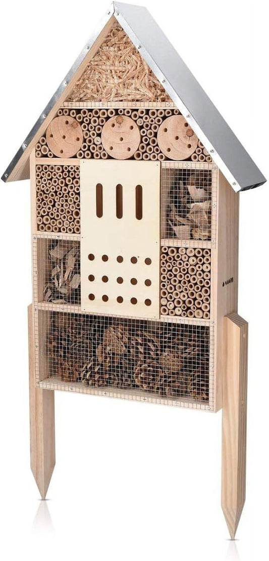 Navaris Wooden Insect House with Stakes - Extra Large Brown Butterfly Hibernation Box with 1x Hotel & 2x Stakes (1 Pack)