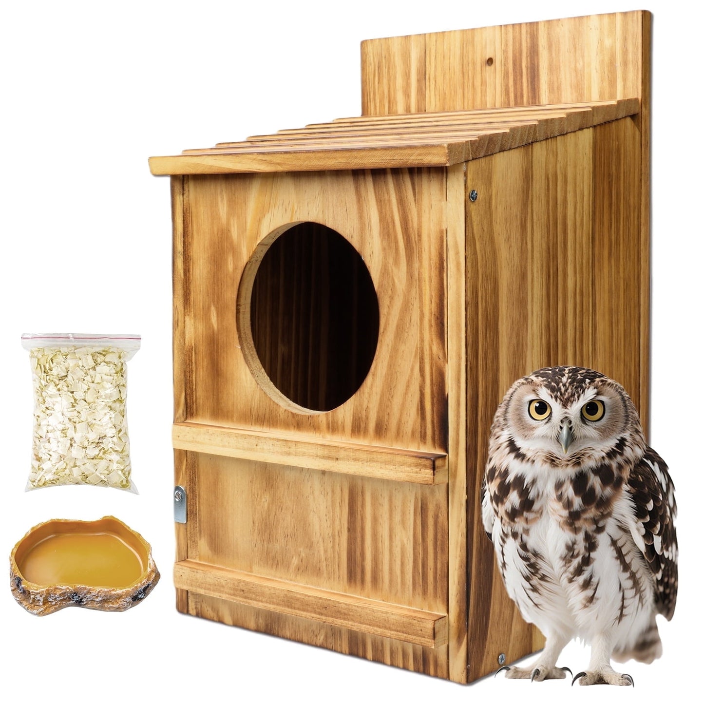 Handmade Wooden Owl House for Outdoors, Carbonized Nesting Box for Screech & Barn Owls with Water & Bait Bowl, Nesting Shavings Included, Bird House, Easy Assembly, Boxes for Outside, 14.5"x9"x7.5"