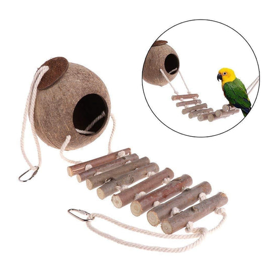 Rechale Coconut Bird House Coconut Shell Bird Nest Hanging Birdhouse with Ladder for Parrots, Hamsters Small Animals House Pet Cage Habitats Decor,Pet Bird Supplies