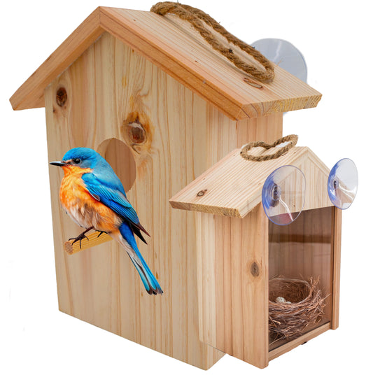 See Through Wooden Window Bird house w/ Large Suction Cups, Hanging Lanyard Rope Birdhouse, Easy Clean Spy Window Bird Nest Box - Outdoor Bird Watching, Backyard Bird Shelter