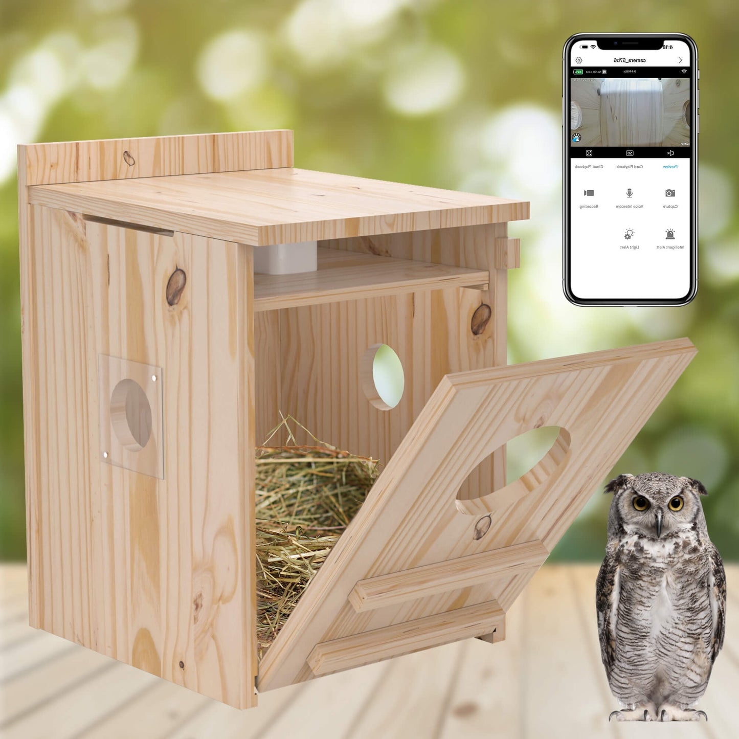 Smart Owl House with Camera, Outdoor Hanging Natural Wooden Owl Nesting Box, Solar Powered, Real-time Viewing and Motion Detection, Includes Mounting Screws, Easy to Assemble