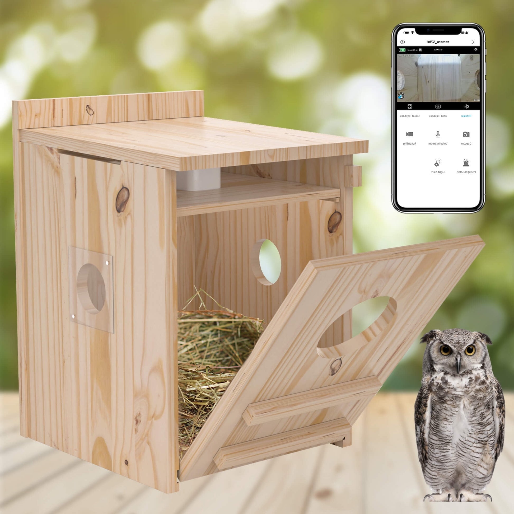 Smart Owl House with Camera, Outdoor Hanging Natural Wooden Owl Nesting Box, Solar Powered, Real-time Viewing and Motion Detection, Includes Mounting Screws, Easy to Assemble