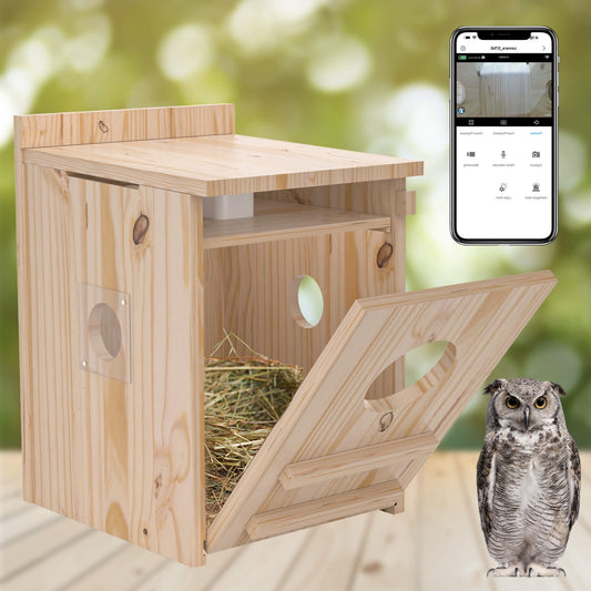 Smart Owl House with Camera, Outdoor Hanging Natural Wooden Owl Nesting Box, Solar Powered, Real-time Viewing and Motion Detection, Includes Mounting Screws, Easy to Assemble