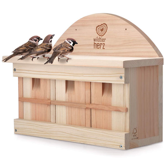 Wildtier Herz Sparrow Nest Box - Nabu Standards - 42cm X 32.5cm X 17cm Bird Sparrow Colony Weatherproof, Made from Untreated Fsc Wood, Bird Box, Nest Box, Sparrow Bird Nesting Box for Garden