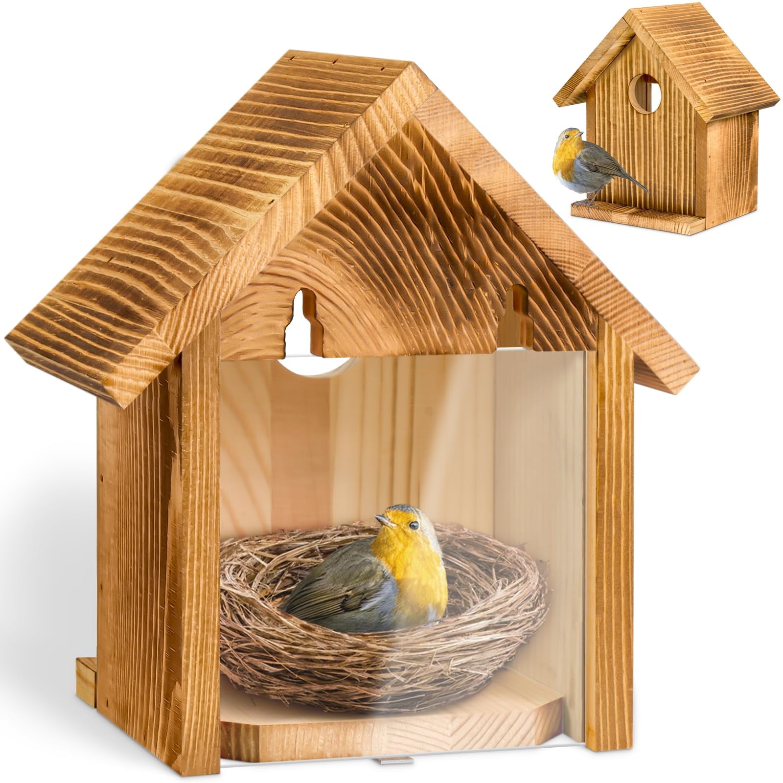 Window Bird Houses for Outside with 2 Powerful Hooks, Clear Window Bird House for Viewing Inside, Hanging Wooden Birdhouses to Paint for Outdoors, Bird Nesting Box for Bluebird Finch Chickadee
