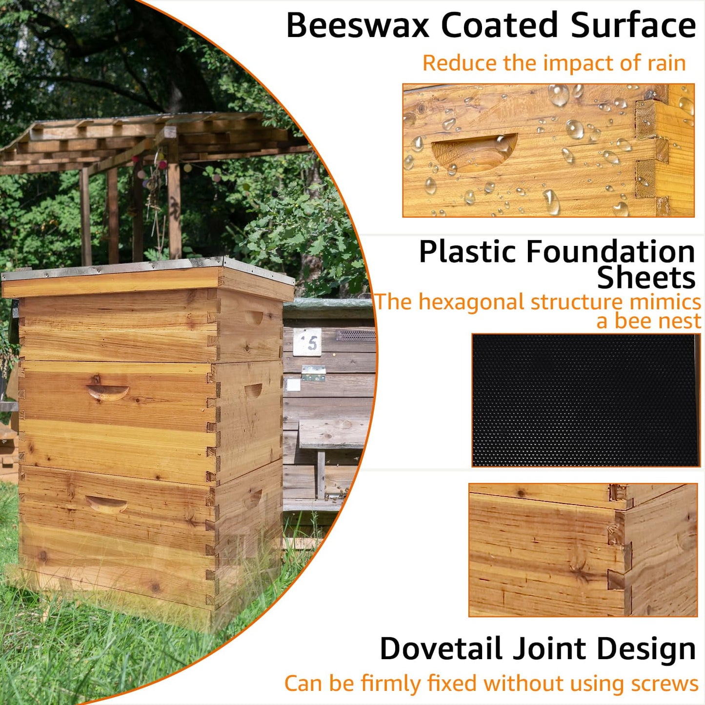 PRIJESSE 3-Layer Bee Hive for Beekeeping - 2 Deep & 1 Medium Boxes with Beeswax Coating, Metal Roof (Frames Not Included)