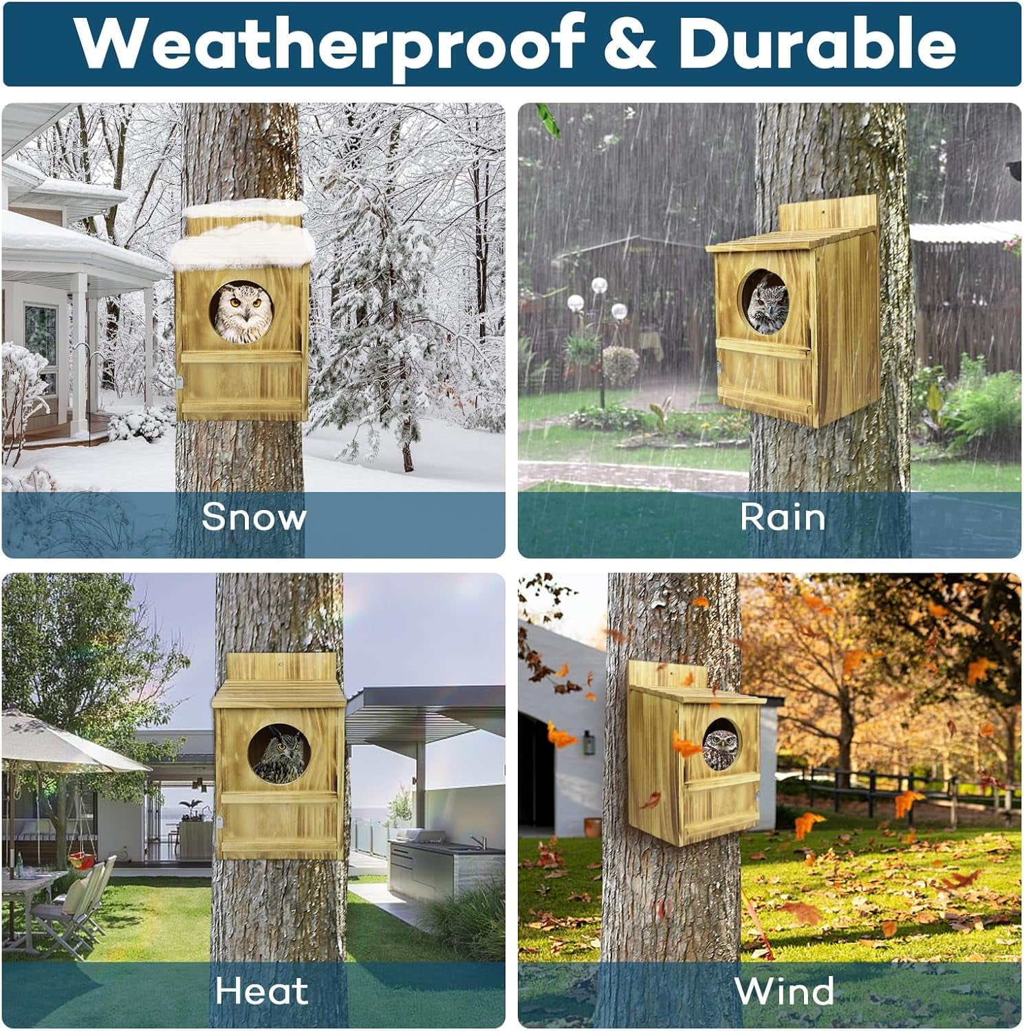 Handmade Wooden Owl House for Outdoors, Carbonized Nesting Box for Screech & Barn Owls with Water & Bait Bowl, Nesting Shavings Included, Bird House, Easy Assembly, Boxes for Outside, 14.5"x9"x7.5"