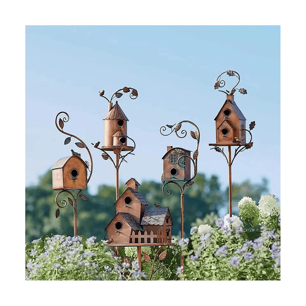 Garden Bird House with Pole Metal Bird Feeders Garden Stakes Bird Houses for Courtyard Backyard Patio Outdoor Style E