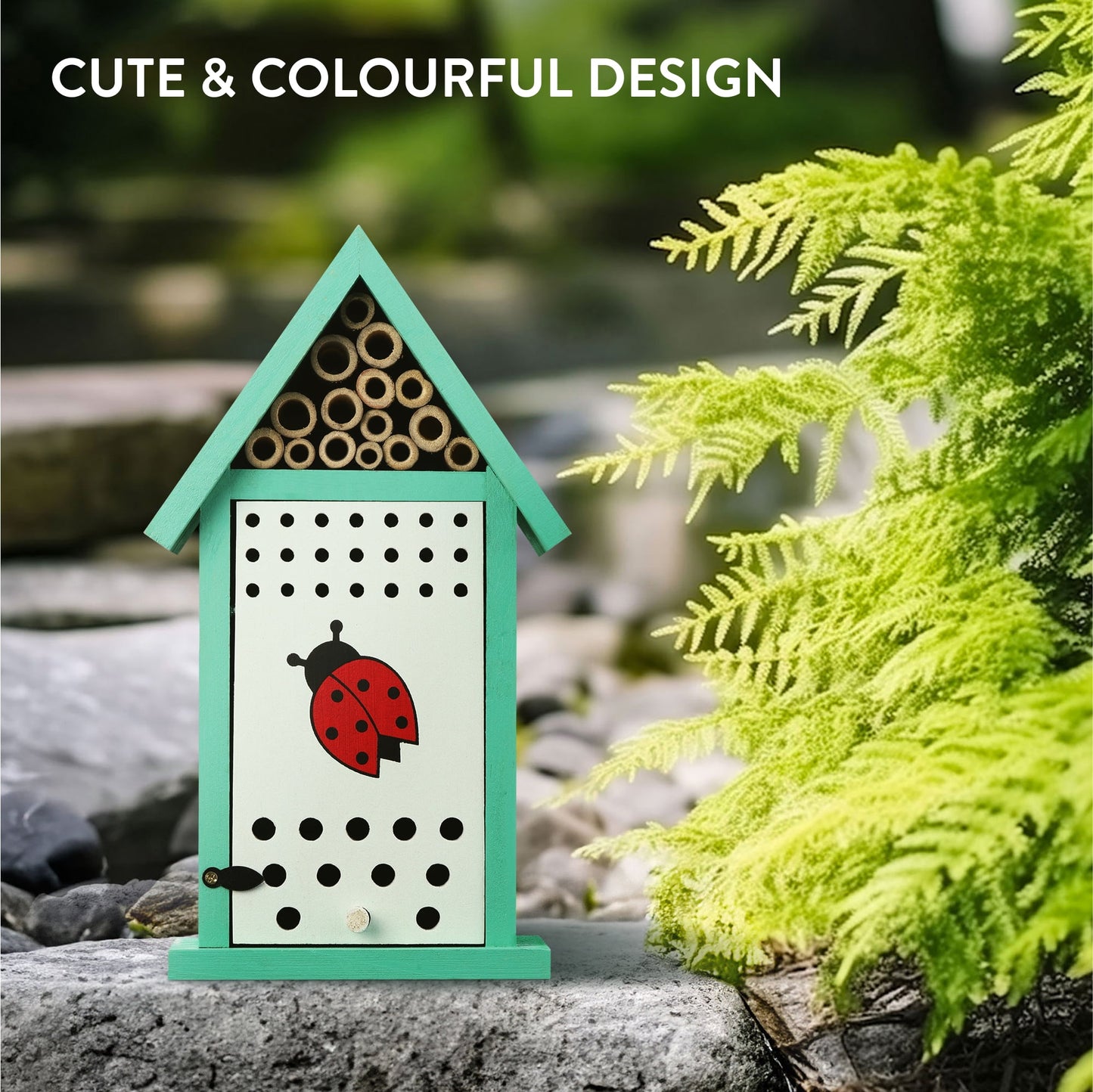 Navaris Ladybird House for Garden - Wooden Insect Hotel for Ladybirds Bees Insects - Wall Mounted Live Ladybug Habitat with Cleaning Door and Bee Nesting Tubes