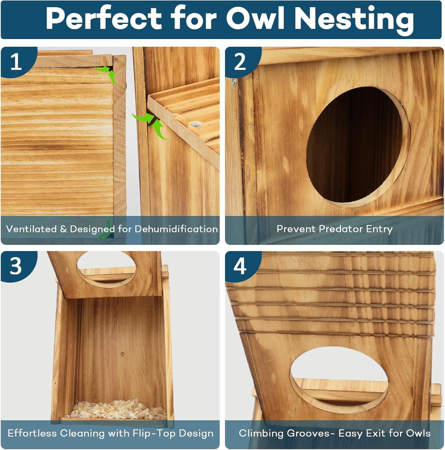 Handmade Wooden Owl House for Outdoors, Carbonized Nesting Box for Screech & Barn Owls with Water & Bait Bowl, Nesting Shavings Included, Bird House, Easy Assembly, Boxes for Outside, 14.5"x9"x7.5"