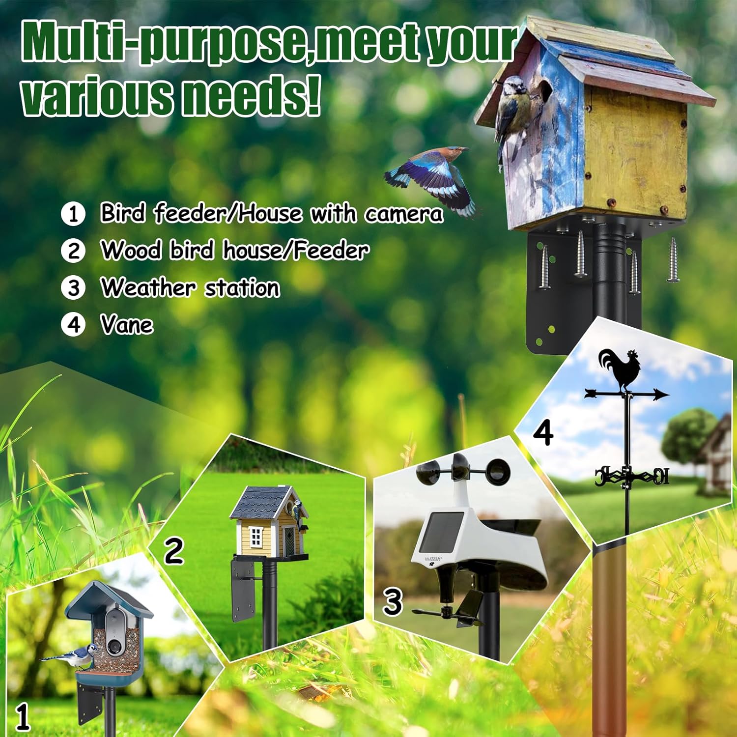 IHOMEPARK 72" Outdoor Bird House Pole Kit Stand with 5-Pronged Base, Adjustable Height for Easy Setup, Matte Black Finish, 1 Pack