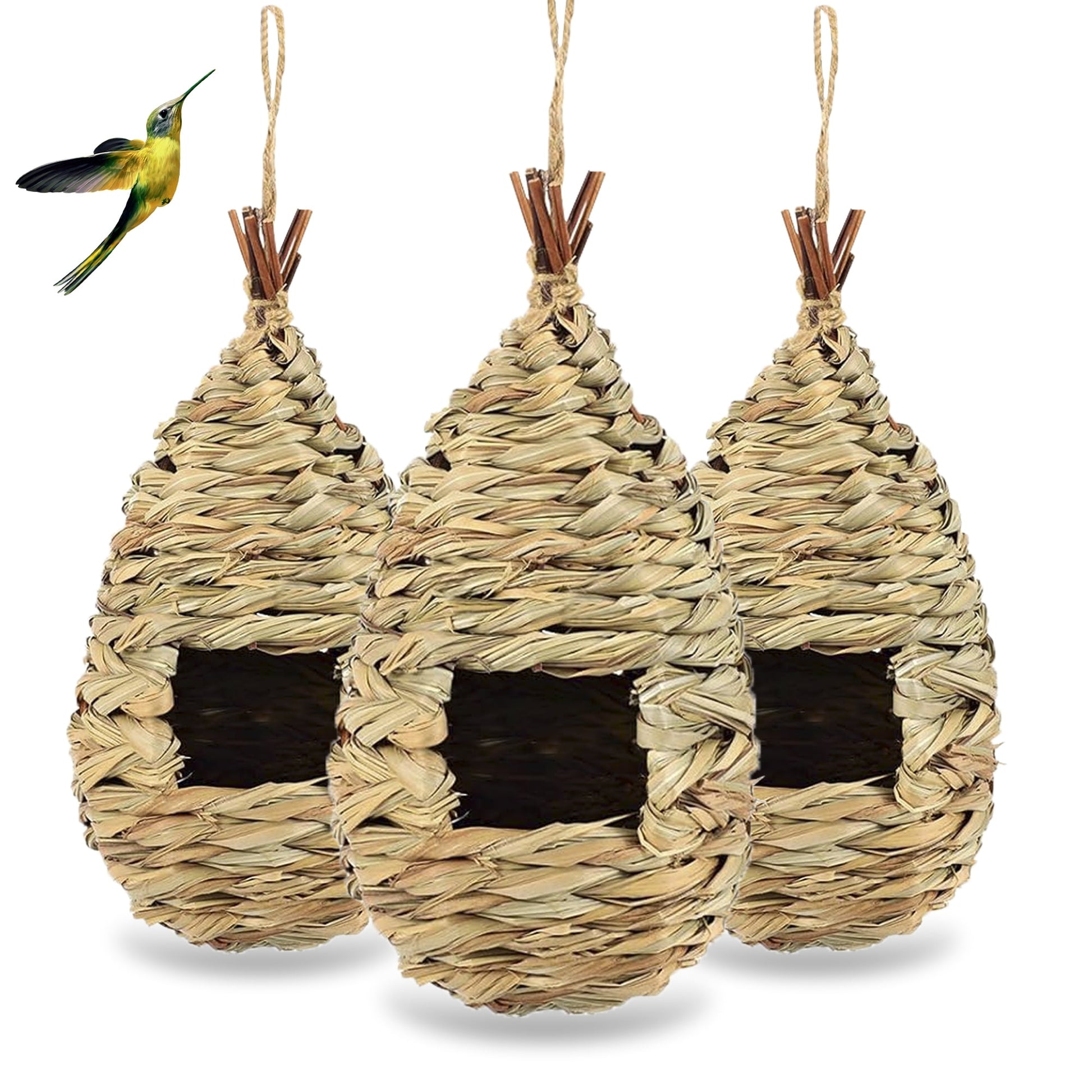 2PCS Hand Woven Hummingbird House,Bird Hut and Hummingbird Houses Nest, Small Hanging Bird & Chickadee House for Finch & Canary in Outdoor