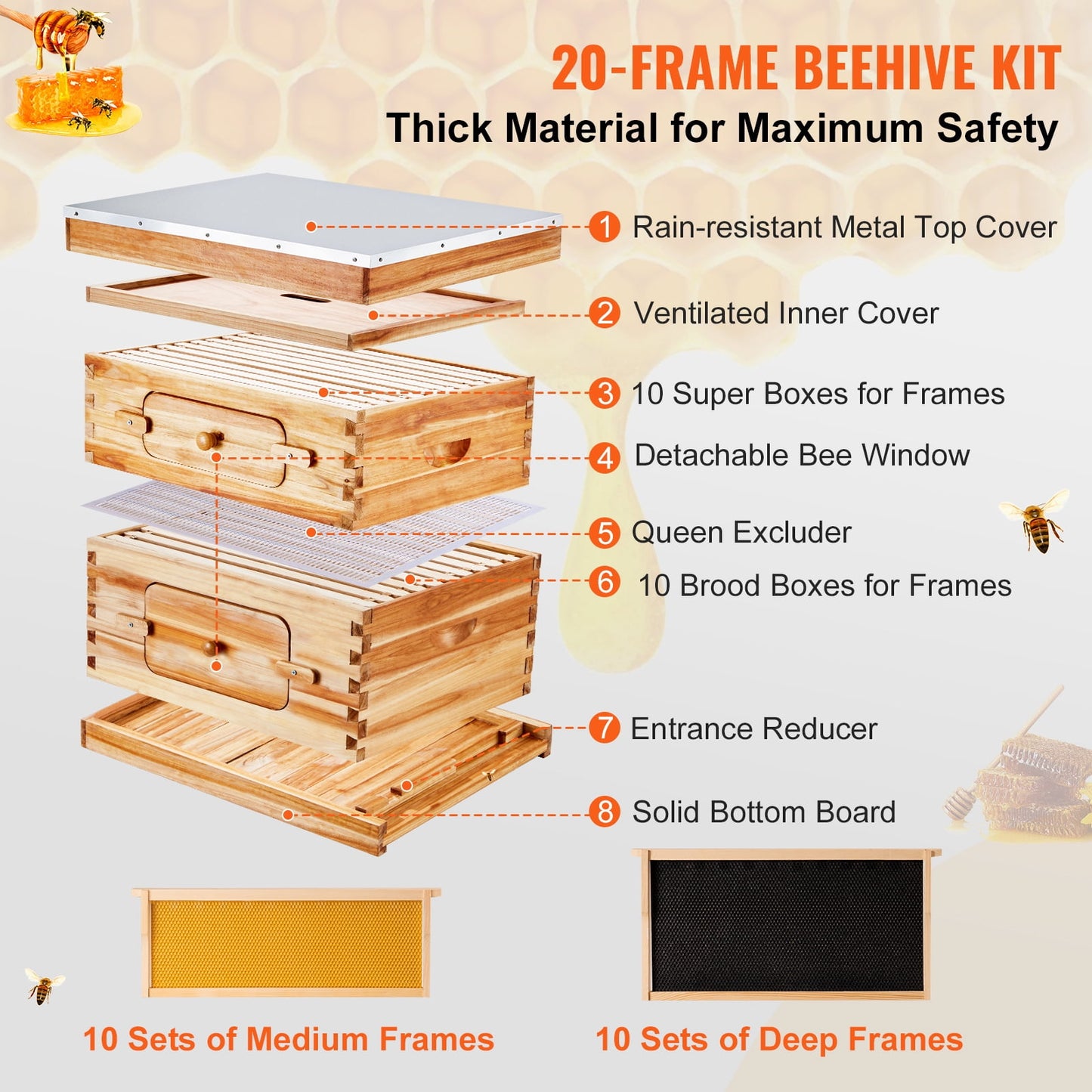 KFFKFF Bee Hive Langstroth Kit 10 Deep & 10 Medium Frames with Acrylic Windows
