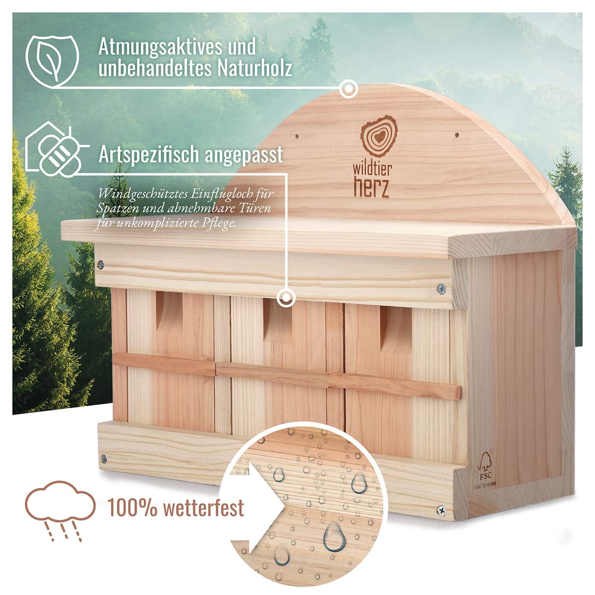 Wildtier Herz Sparrow Nest Box - Nabu Standards - 42cm X 32.5cm X 17cm Bird Sparrow Colony Weatherproof, Made from Untreated Fsc Wood, Bird Box, Nest Box, Sparrow Bird Nesting Box for Garden