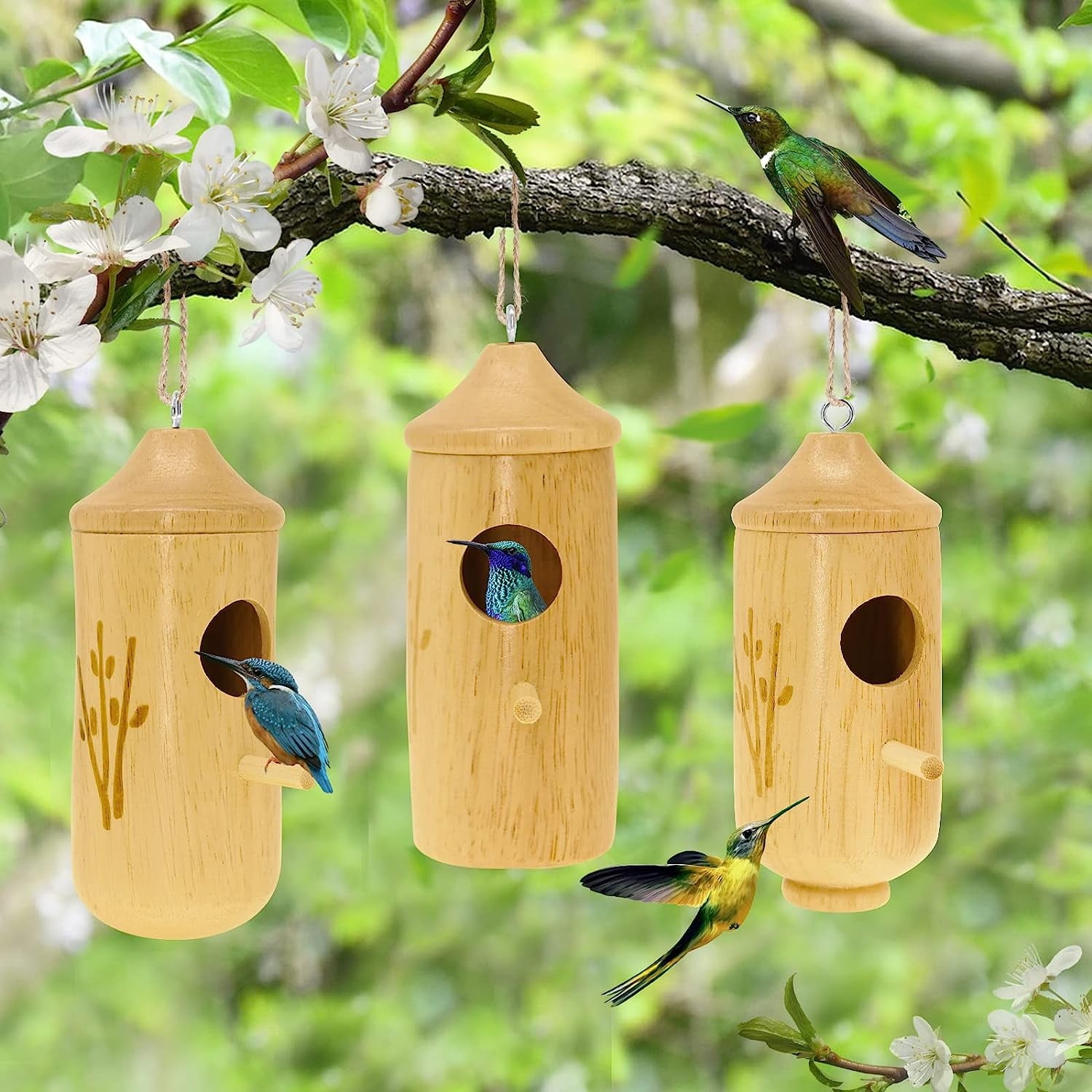 DERCLIVE 3Pcs Natural Wood Hummingbird House,Outside Hummingbird Houses, Hanging Hummingbird Nest for Nesting