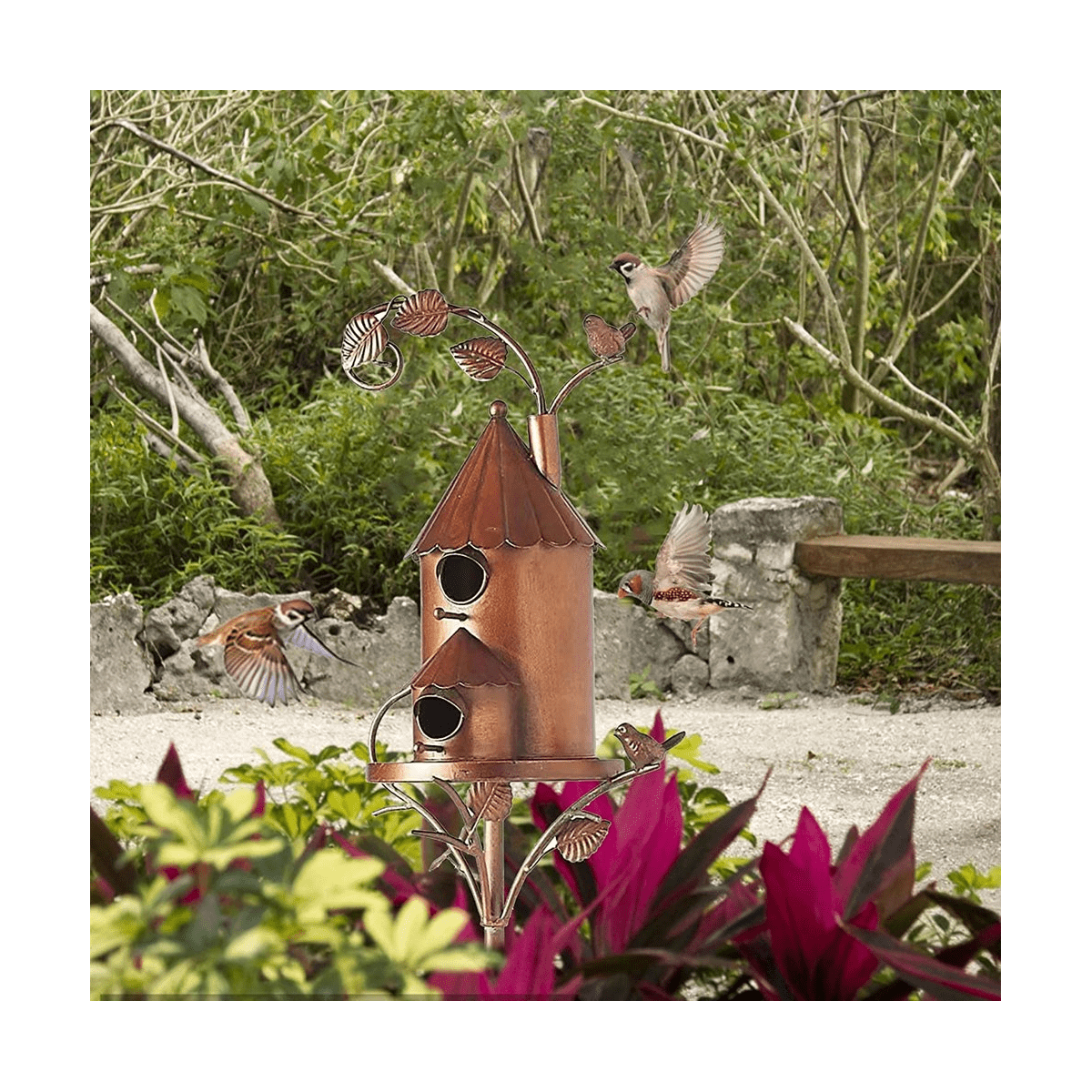 Garden Bird House with Pole Metal Bird Feeders Garden Stakes Bird Houses for Courtyard Backyard Patio Outdoor Style E