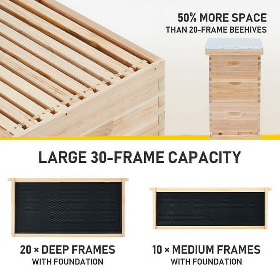 20 Deep Frame & 10 Medium Frame w/ 3 Brood Boxes Hive Frame/Bee Hive Frame/Beehive Frames w/ Metal Roof for Beekeeping