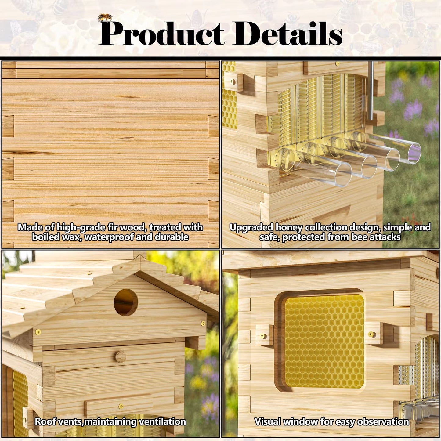 AUSHIVE Wax Coated Cedarwood Bee Beehive Kit with 4 Beehive Frames & 6 Brood Frames, Beige