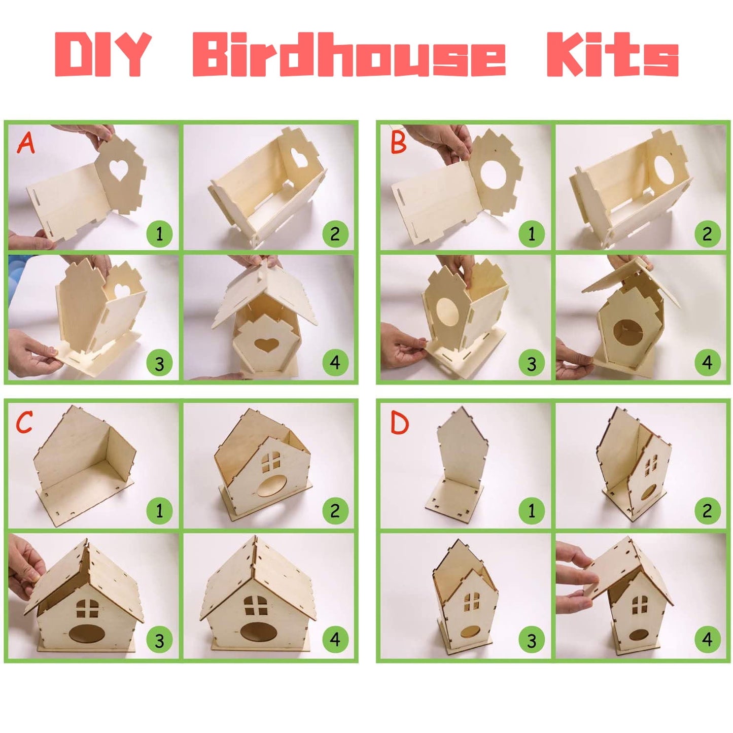 Sytle-Carry 4 Pack Bird House Kit DIY Birdhouse Kits Kids Arts and Crafts Wooden Arts and Crafts Kits Gift for Toddlers