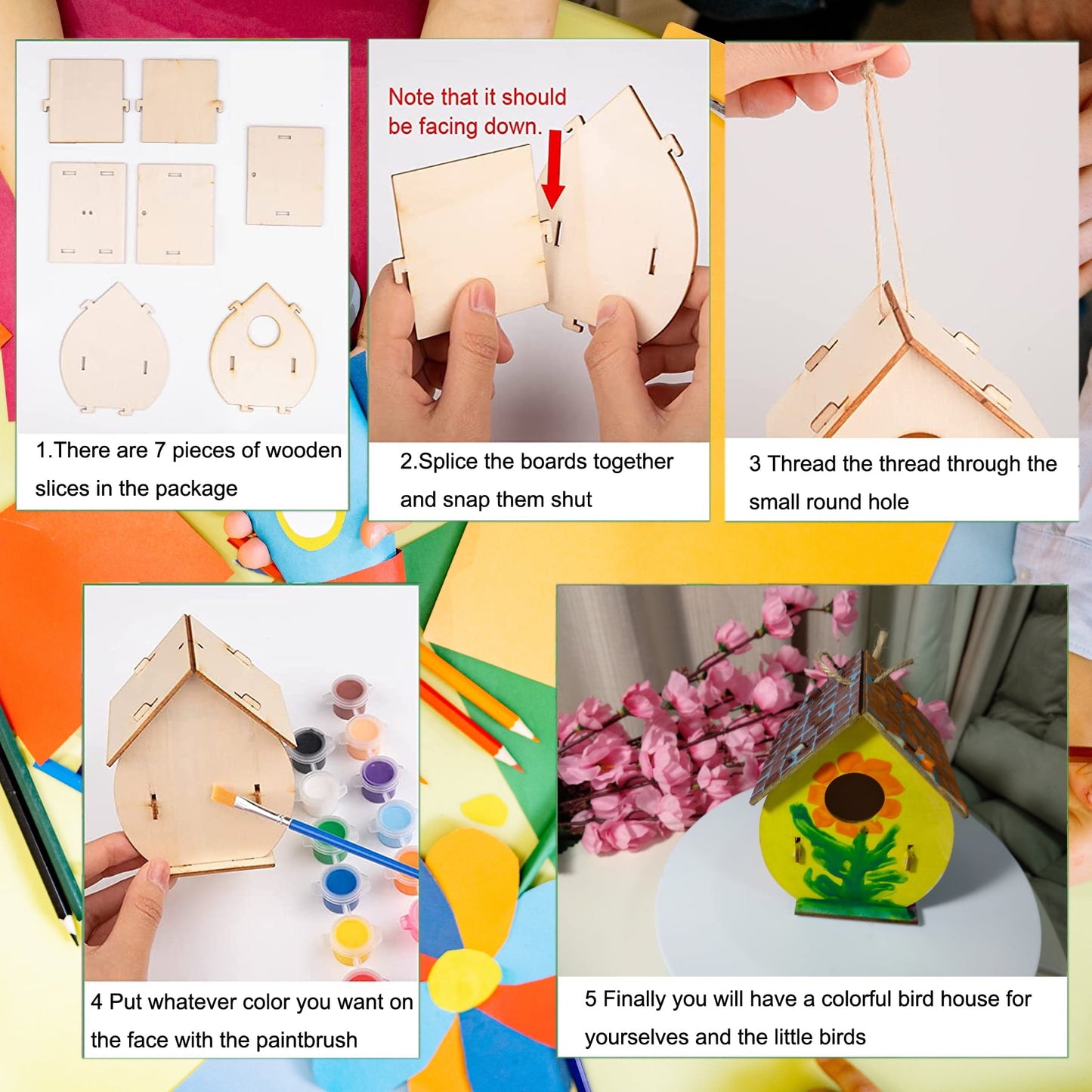 KHAMPA [2 Pack] DIY Wooden Birdhouse Kits Wooden Birdhouses Unpainted Natural Unfinished Wood Birdhouse to Paint Mini Bird Nest for DIY Crafts, Indoor Outdoor Bird House