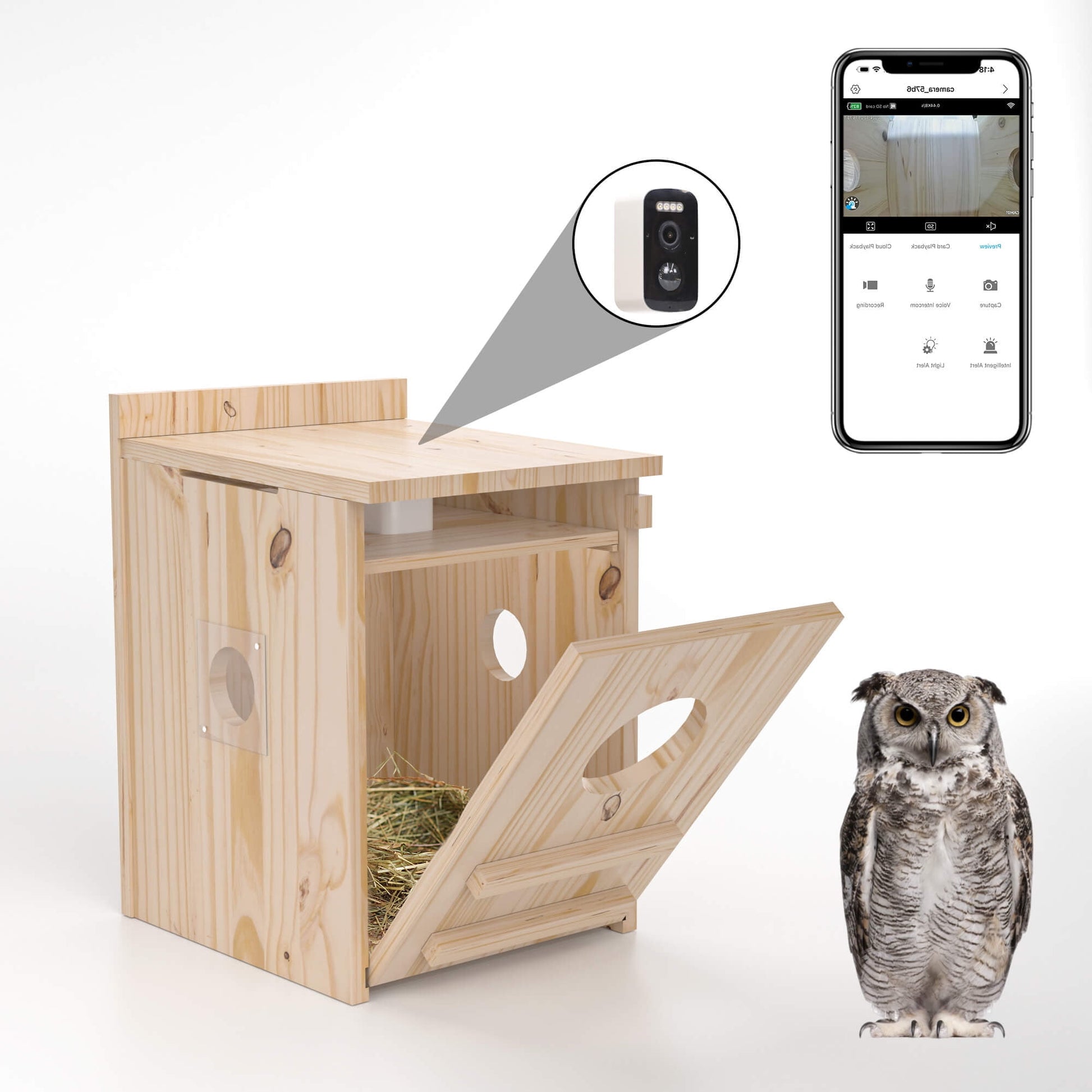 Smart Owl House with Camera, Outdoor Hanging Natural Wooden Owl Nesting Box, Solar Powered, Real-time Viewing and Motion Detection, Includes Mounting Screws, Easy to Assemble