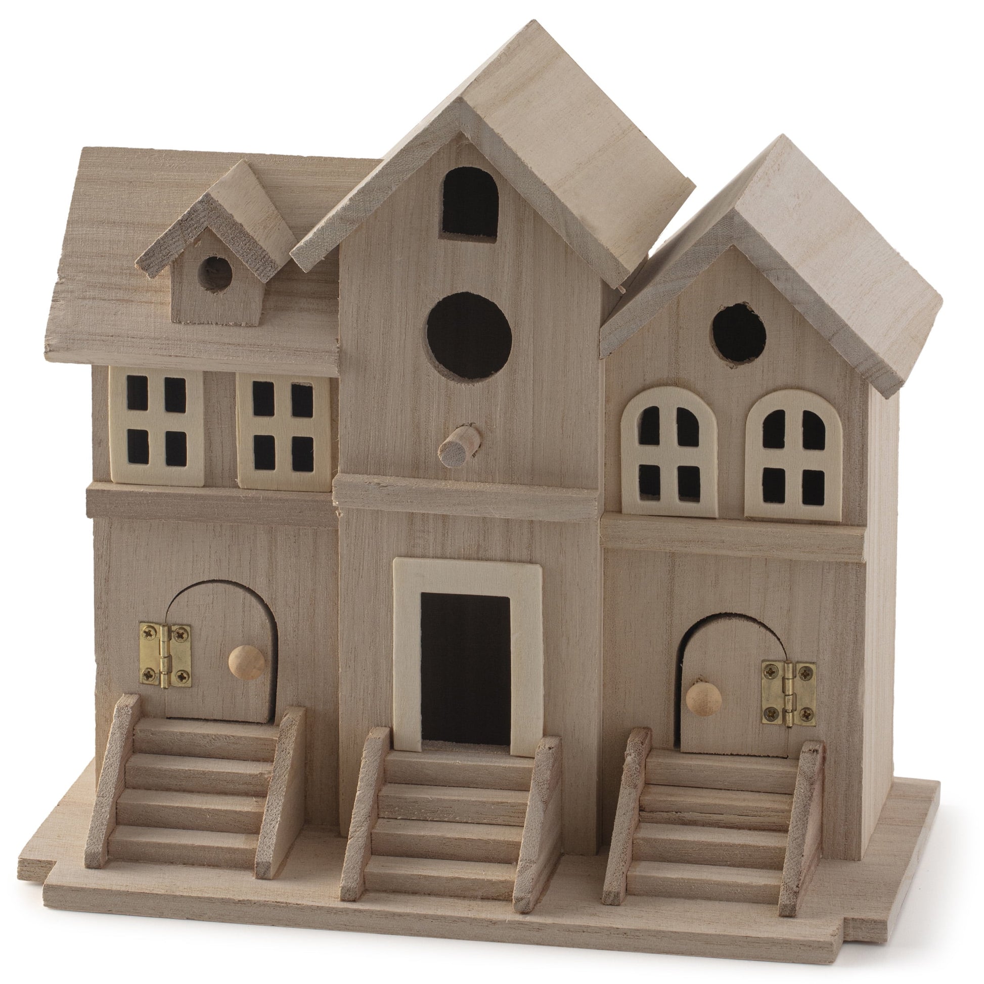 9.5" Wooden Brownstone Birdhouse with Fence by Make Market - Unfinished Birdhouse Made of 100% Wood- Bulk 6 Pack