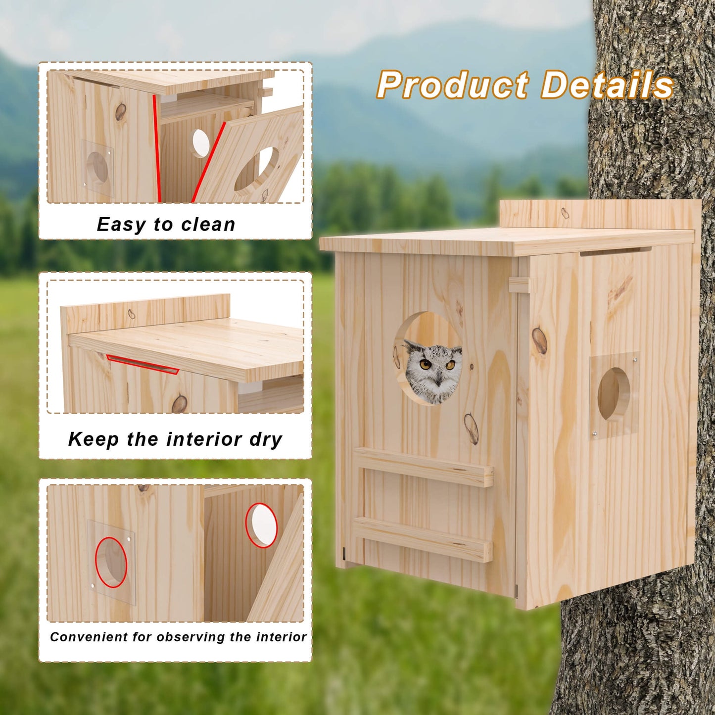 Smart Owl House with Camera, Outdoor Hanging Natural Wooden Owl Nesting Box, Solar Powered, Real-time Viewing and Motion Detection, Includes Mounting Screws, Easy to Assemble