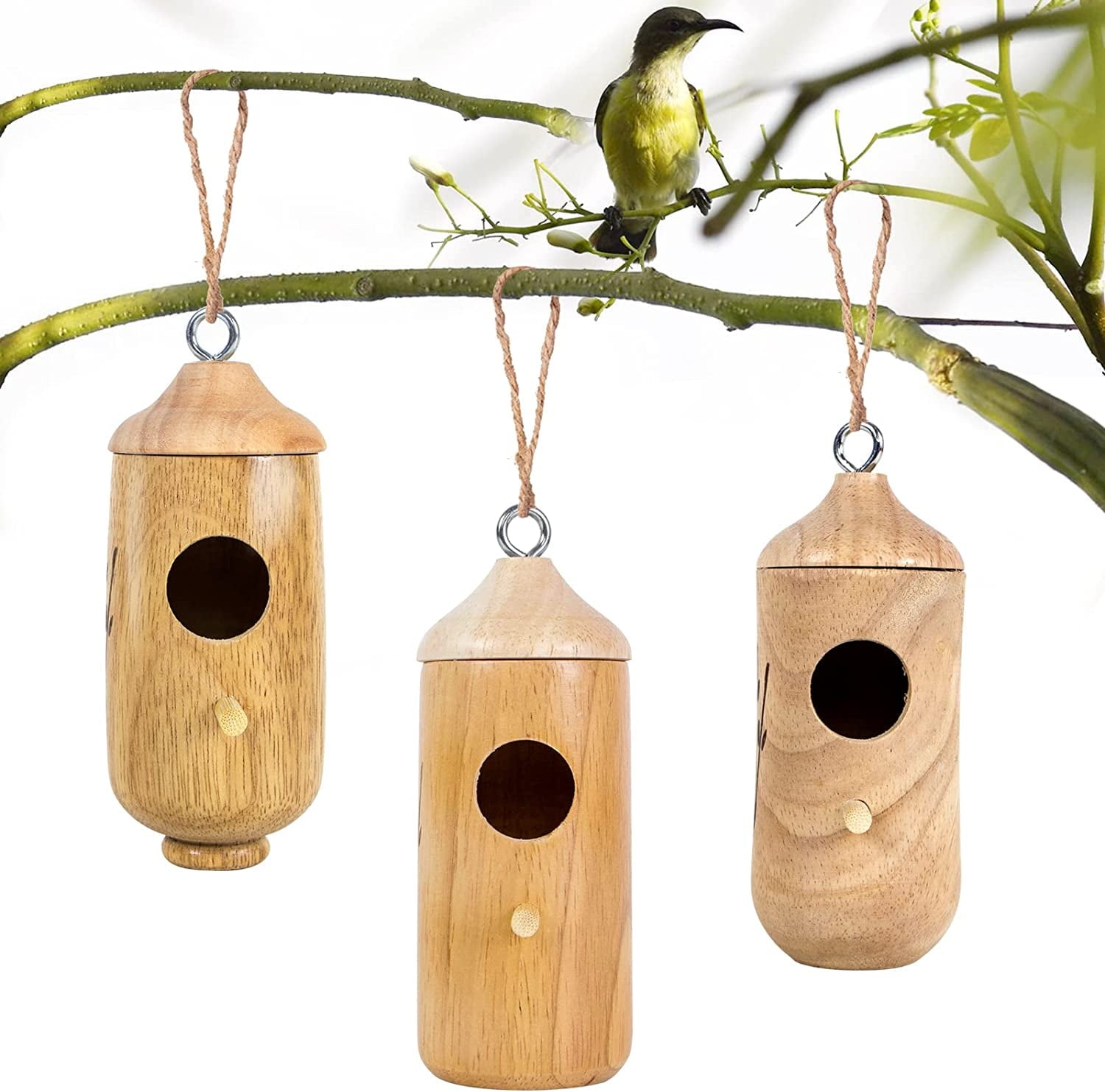 DERCLIVE 3Pcs Natural Wood Hummingbird House,Outside Hummingbird Houses, Hanging Hummingbird Nest for Nesting