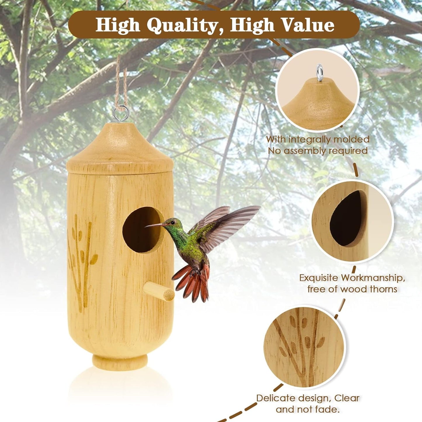 DERCLIVE 3Pcs Natural Wood Hummingbird House,Outside Hummingbird Houses, Hanging Hummingbird Nest for Nesting