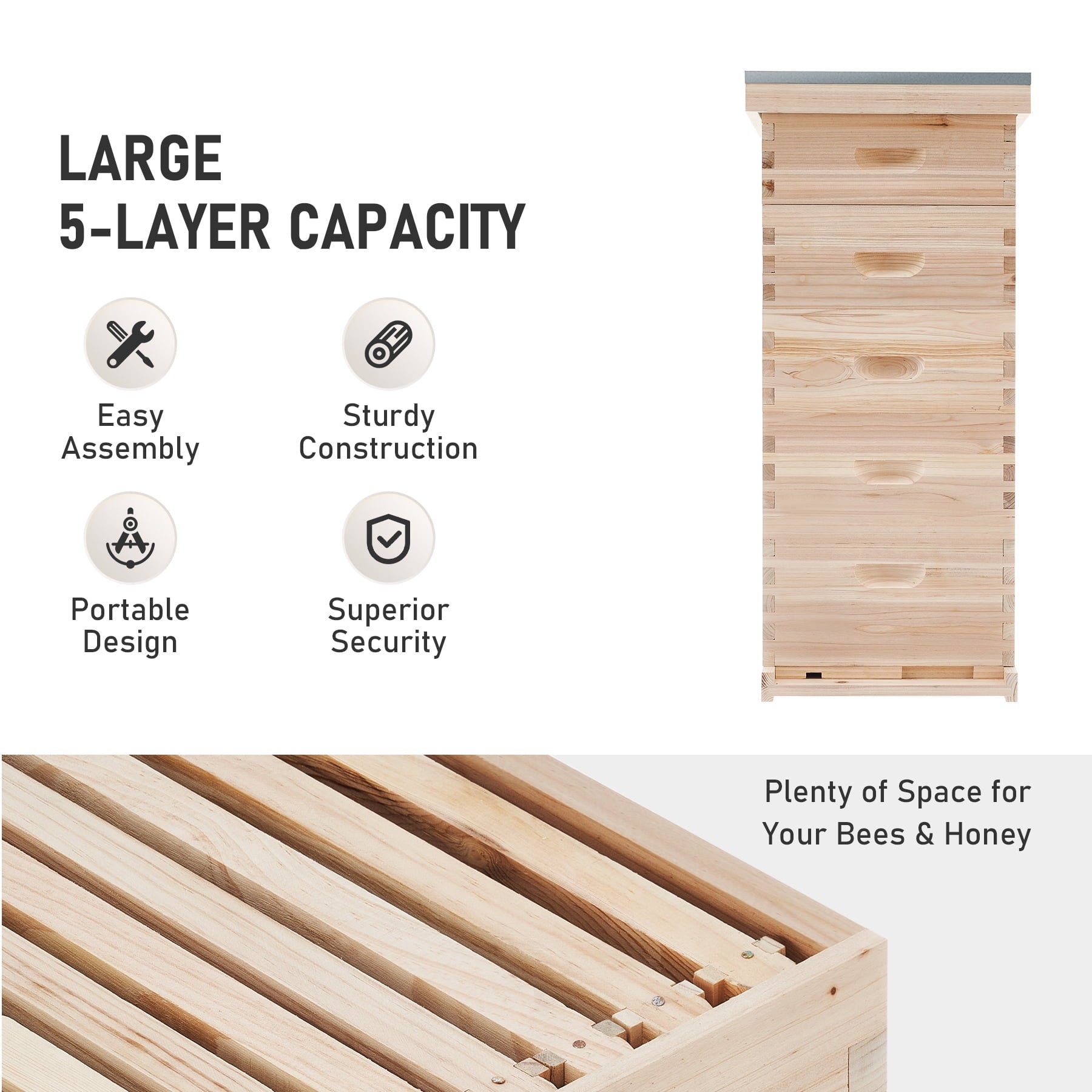 Bee Hive Boxes Starter Kit, Langstroth Beehive for Bee Keeping, 5 Layer Bee House with 4 Medium Storage Boxes & 1 Deep Brood Box, Beekeeping Supplies