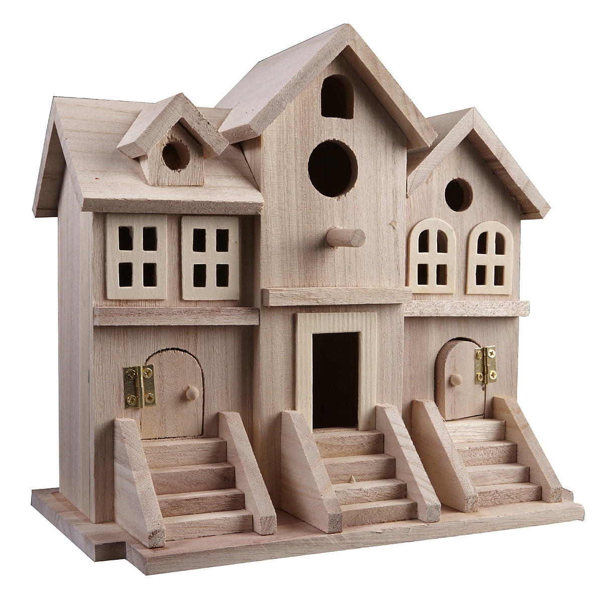 9.5" Wooden Brownstone Birdhouse with Fence by Make Market - Unfinished Birdhouse Made of 100% Wood - Outdoor Nesting Boxes - 1 Pack