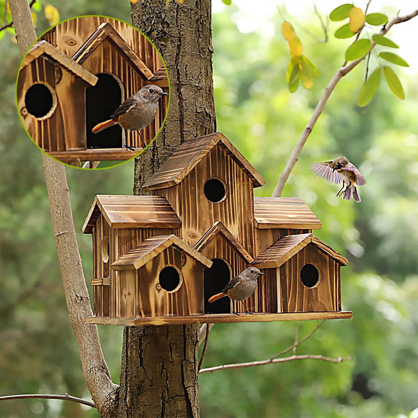 Squirrel Ring Wooden Hummingbird Birdhouse Rustic Outdoor Nesting For Birds