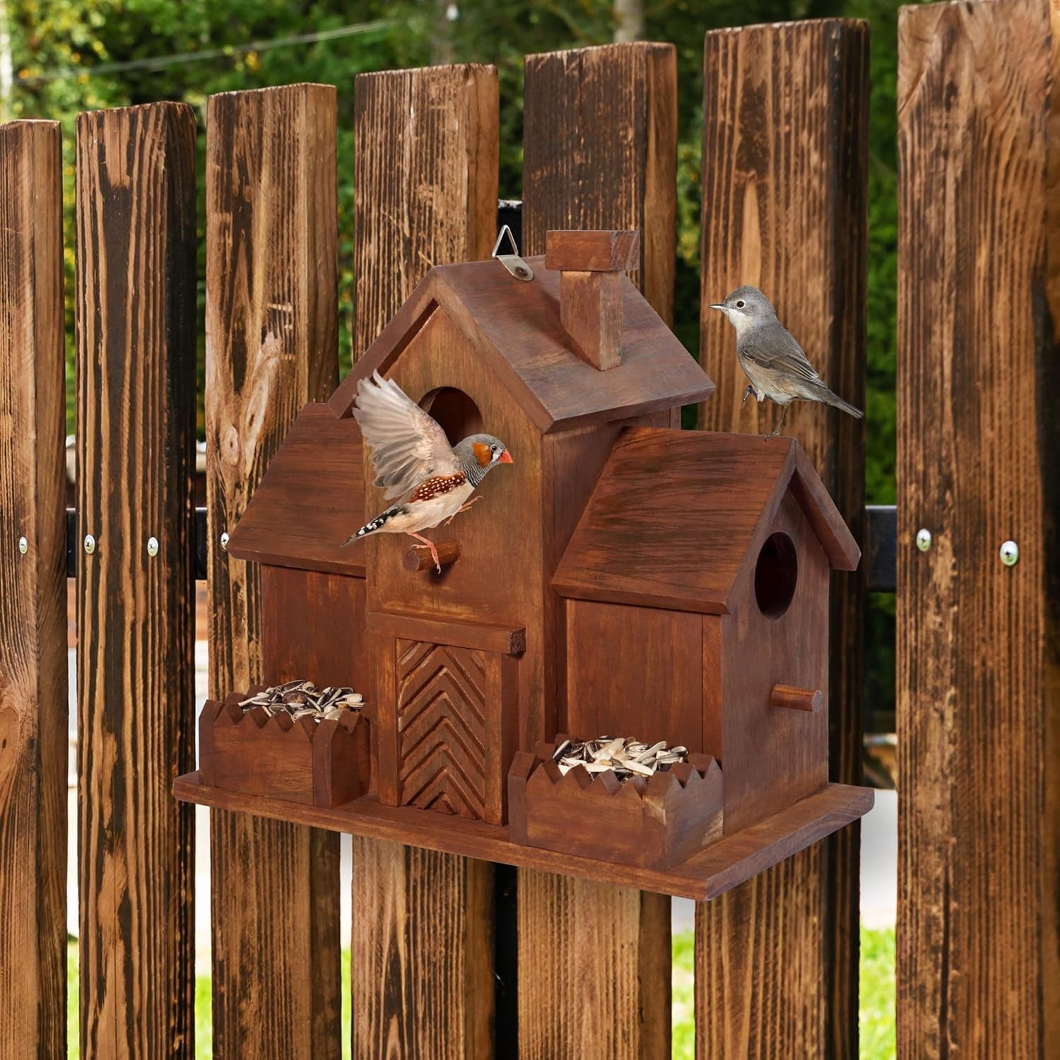 VASGOR Bird Houses for Outside with Bird Feeder, Outdoor 3 Hole Bird House Room for 3 Bird Families Bluebird Finch Cardinals Hanging Birdhouse for Garden