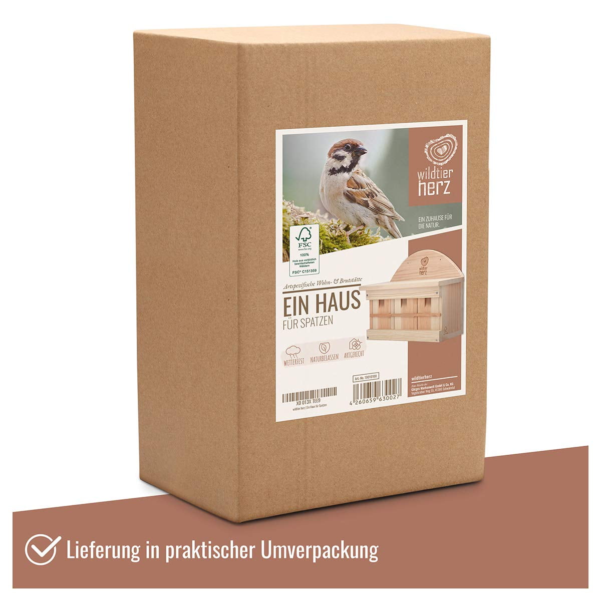 Wildtier Herz Sparrow Nest Box - Nabu Standards - 42cm X 32.5cm X 17cm Bird Sparrow Colony Weatherproof, Made from Untreated Fsc Wood, Bird Box, Nest Box, Sparrow Bird Nesting Box for Garden