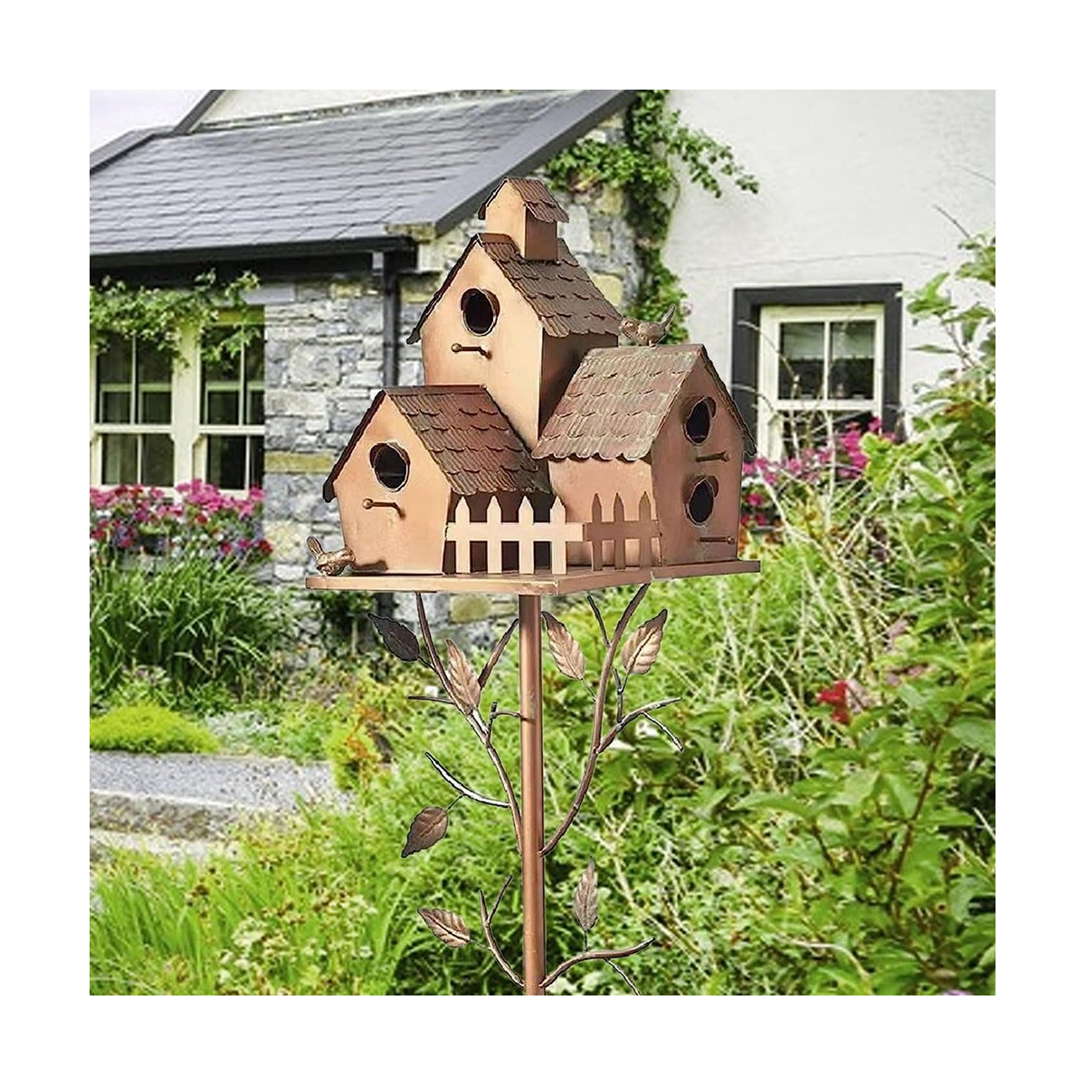 Garden Bird House with Pole Metal Bird Feeders Garden Stakes Bird Houses for Courtyard Backyard Patio Outdoor Style E