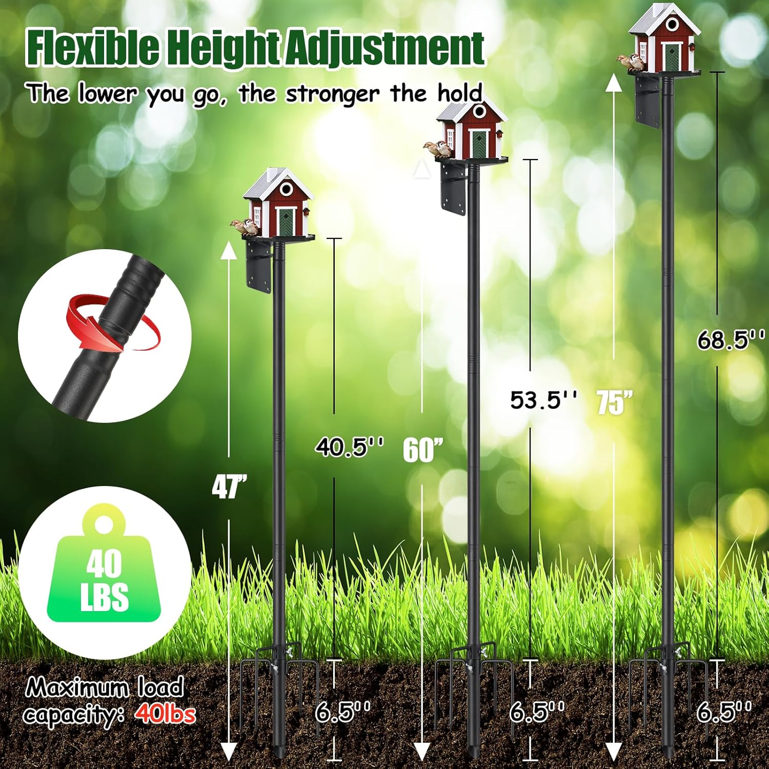 IHOMEPARK 72" Outdoor Bird House Pole Kit Stand with 5-Pronged Base, Adjustable Height for Easy Setup, Matte Black Finish, 1 Pack