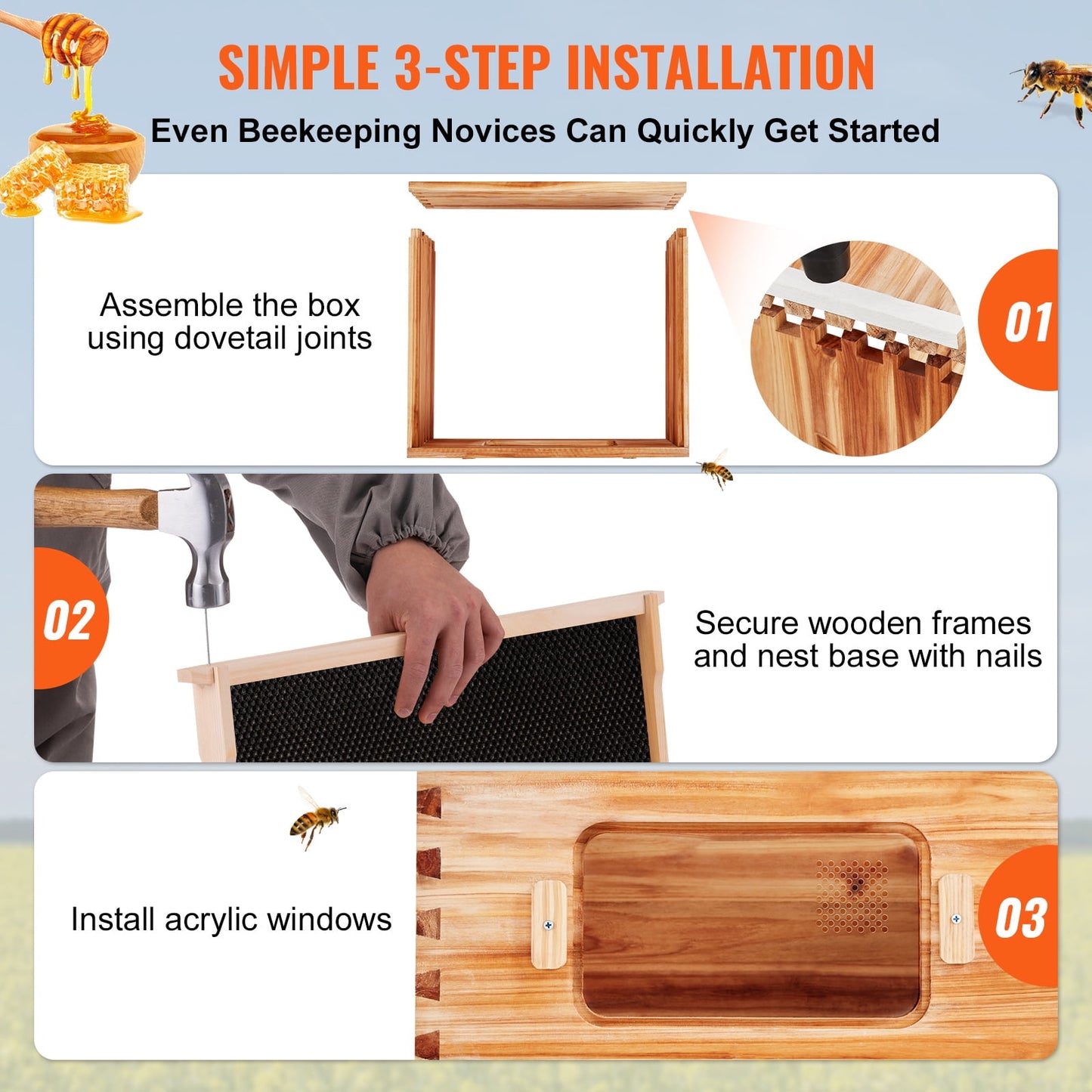 KFFKFF Bee Hive Langstroth Kit 10 Deep & 10 Medium Frames with Acrylic Windows