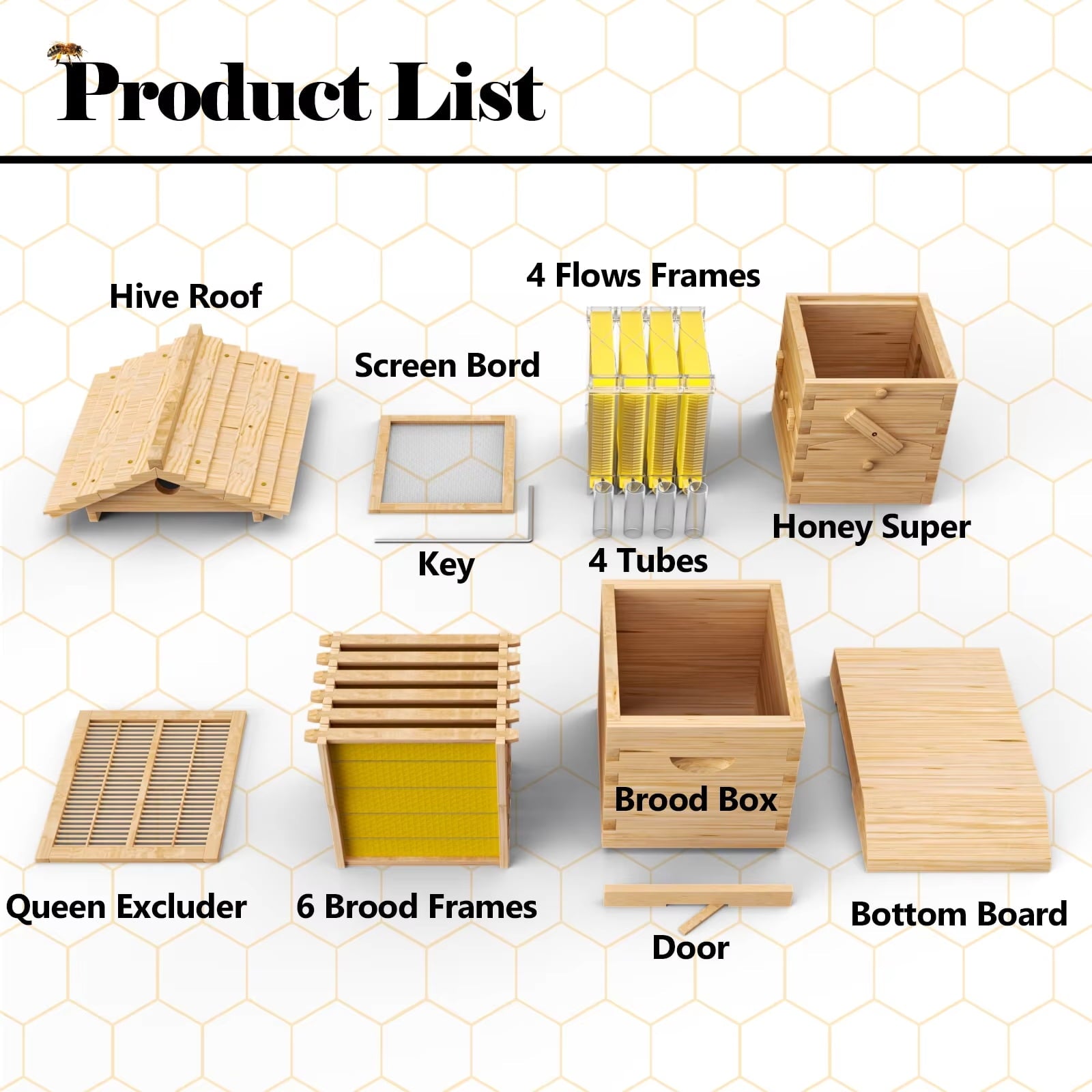 AUSHIVE Wax Coated Cedarwood Bee Beehive Kit with 4 Beehive Frames & 6 Brood Frames, Beige