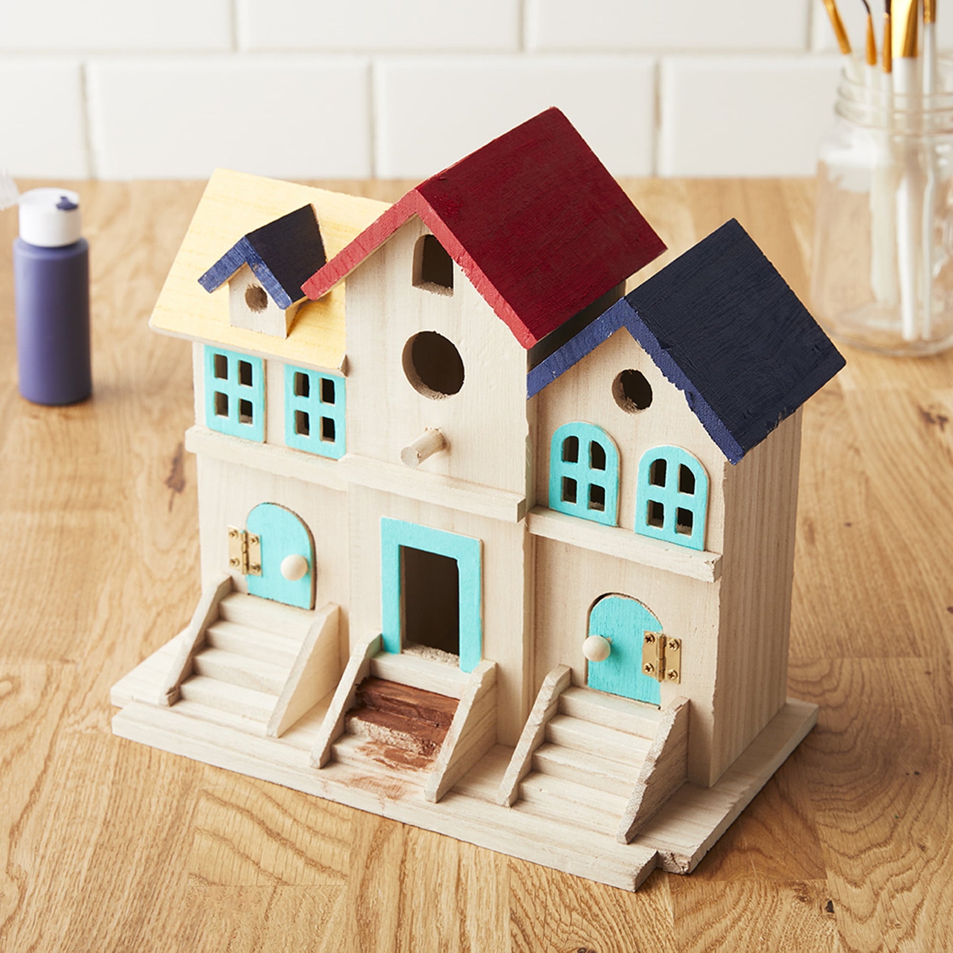 9.5" Wooden Brownstone Birdhouse with Fence by Make Market - Unfinished Birdhouse Made of 100% Wood- Bulk 6 Pack