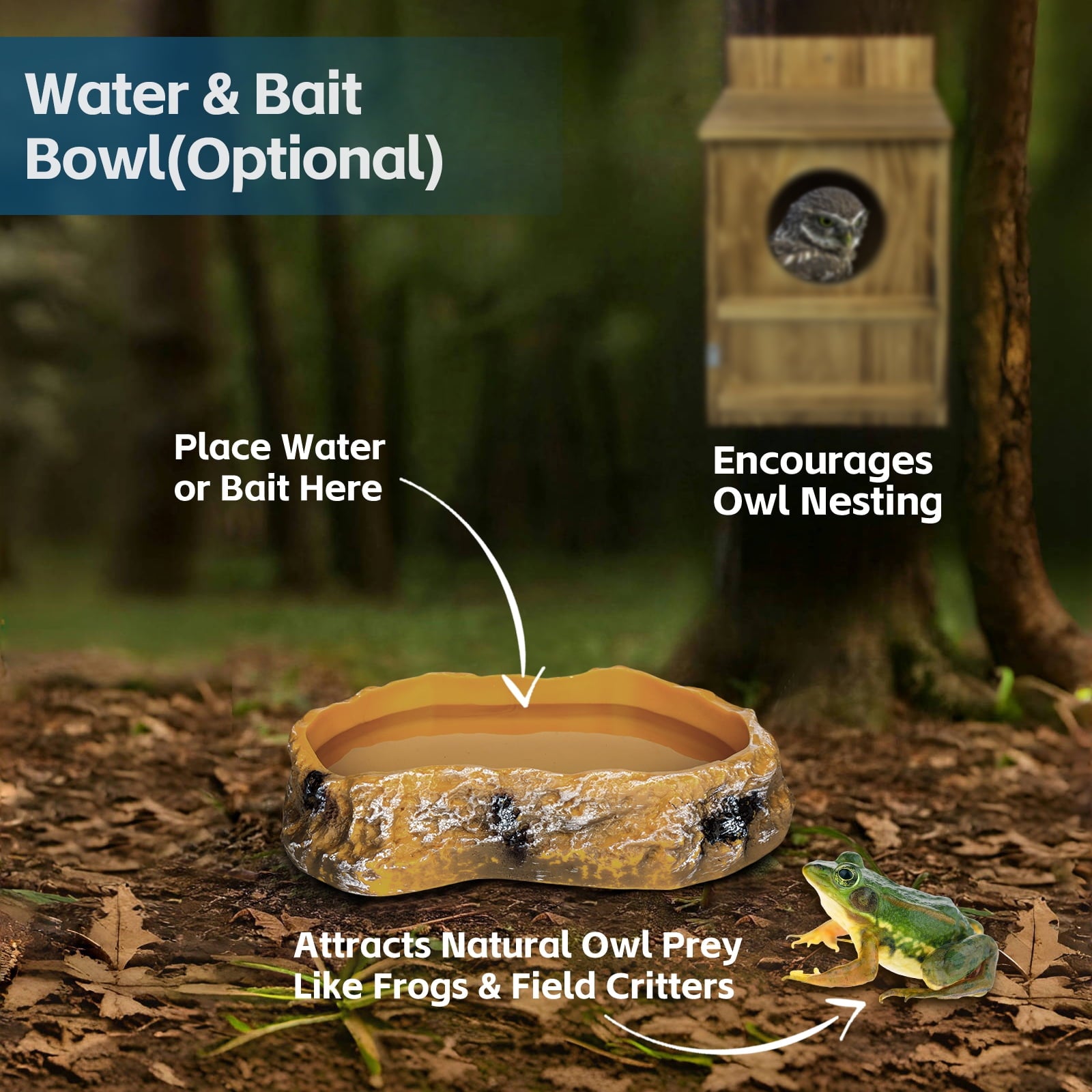 Handmade Wooden Owl House for Outdoors, Carbonized Nesting Box for Screech & Barn Owls with Water & Bait Bowl, Nesting Shavings Included, Bird House, Easy Assembly, Boxes for Outside, 14.5"x9"x7.5"