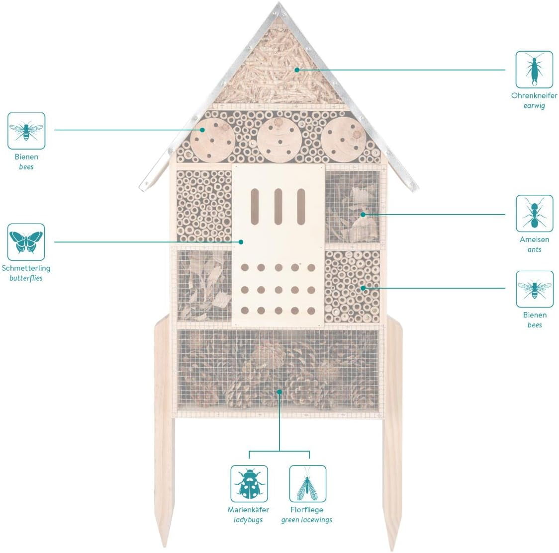 Navaris Wooden Insect House with Stakes - Extra Large Brown Butterfly Hibernation Box with 1x Hotel & 2x Stakes (1 Pack)